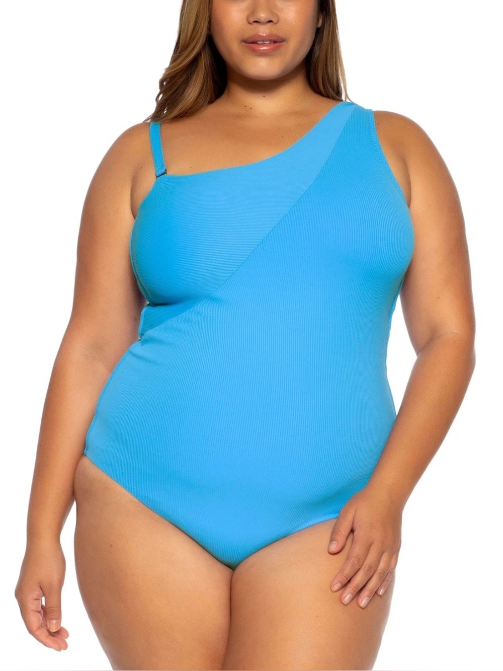Becca ETC Women's Plus Size 0X 14-16 Blue Asymmetrical-Neck Swimsuit - Blue